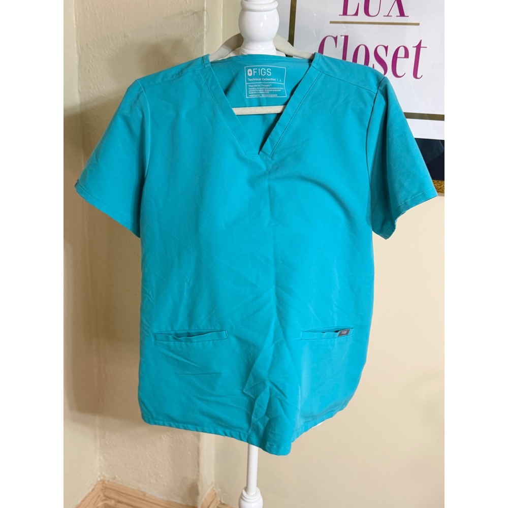 FIGS Technical Collection V-Neck Scrub Top Turquoise Blue Large L